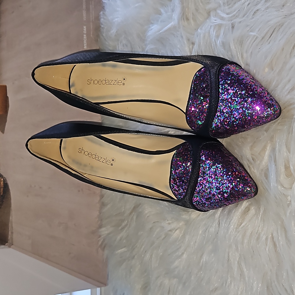 Shoe Dazzle Black Pumps with Purple Glitter Pointed Toe Heels